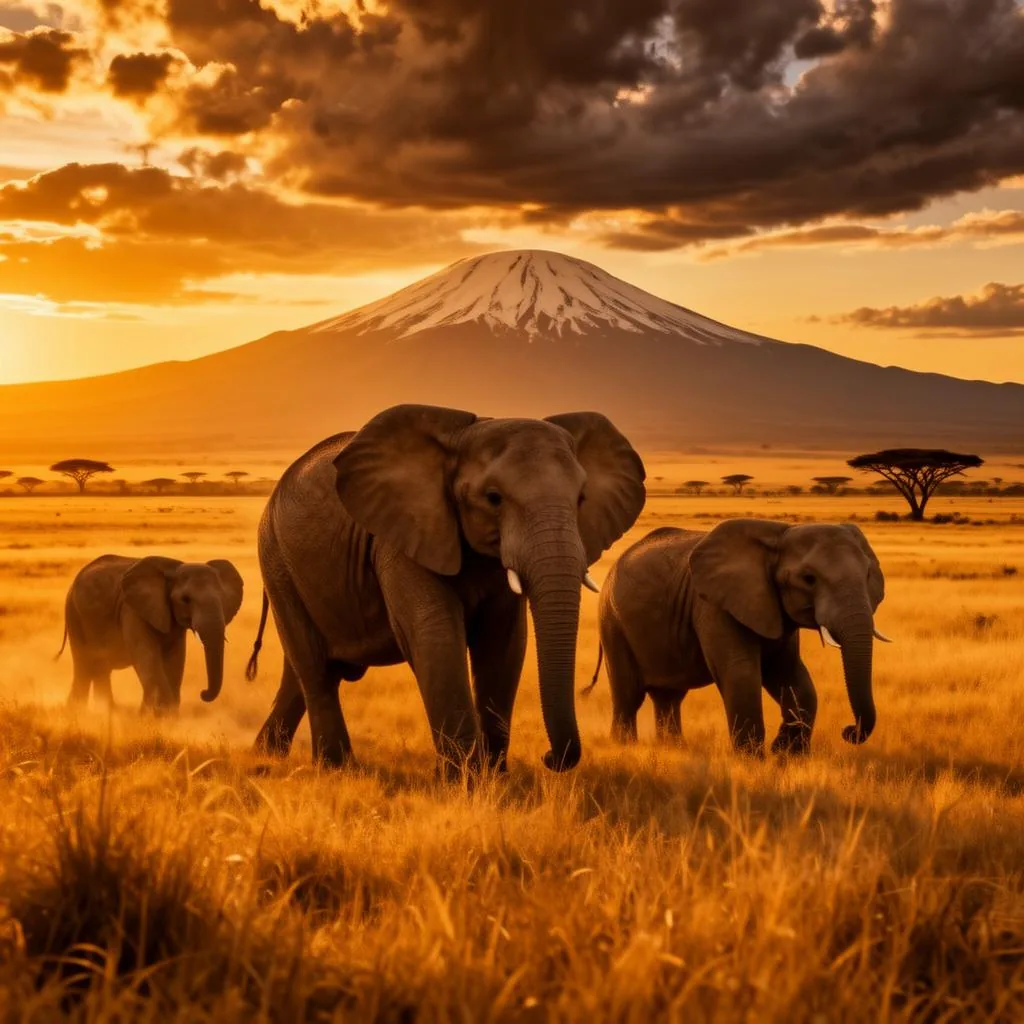 Elephant family walking beneath Mount Kilimanjaro at sunrise