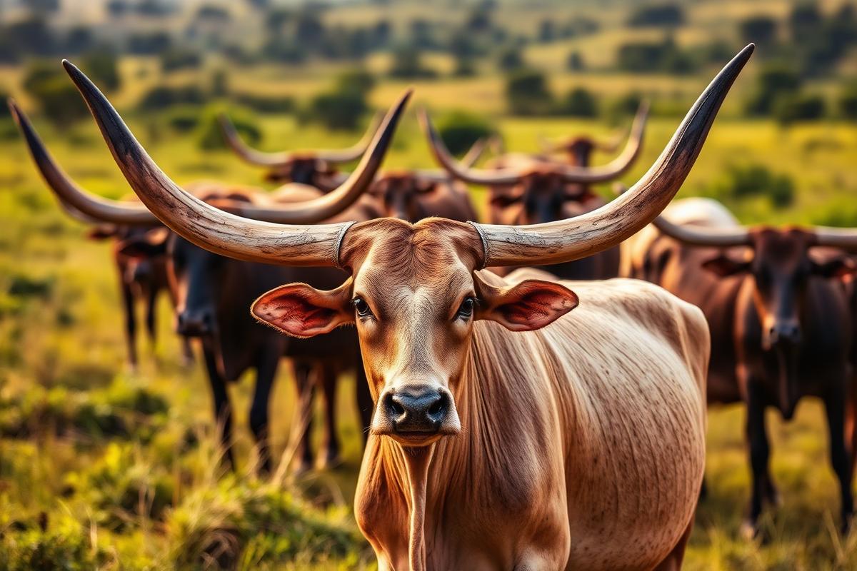 Ankole longhorn cattle with distinctive curved horns in Uganda's pastoral landscape