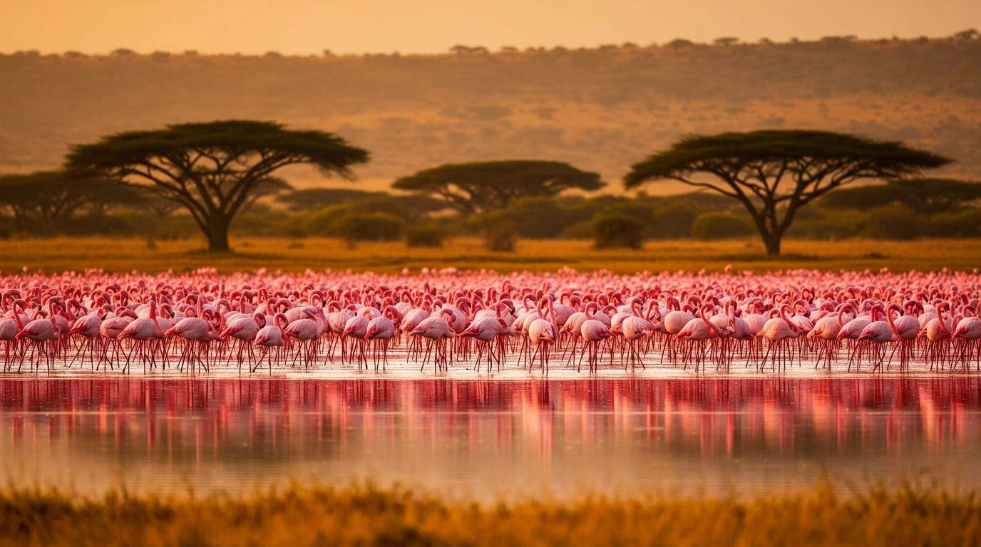 Thousands of flamingos covering the shores of Lake Nakuru in Kenya's Rift Valley