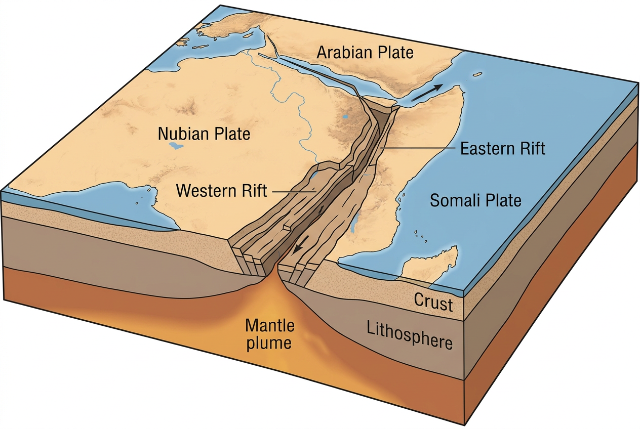 Diagram showing the African and Somali tectonic plates diverging at the Great Rift Valley