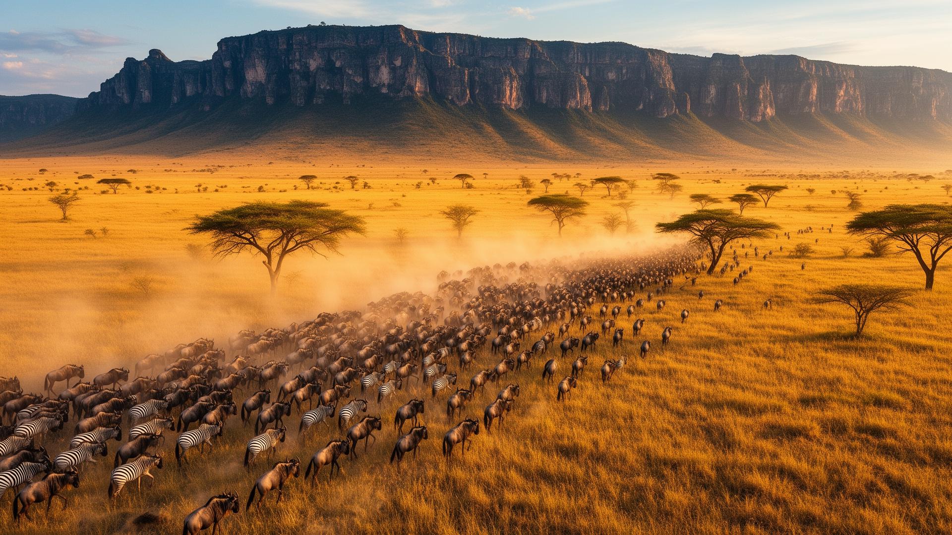 Aerial view of the Great Migration in the Serengeti, showing vast herds of wildebeest