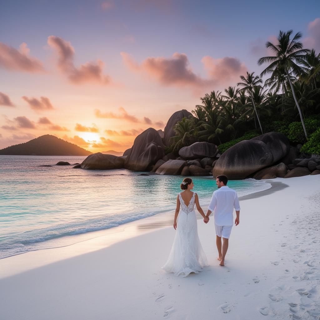 Honeymoon couple walking on pristine white sand beach in Seychelles at sunset