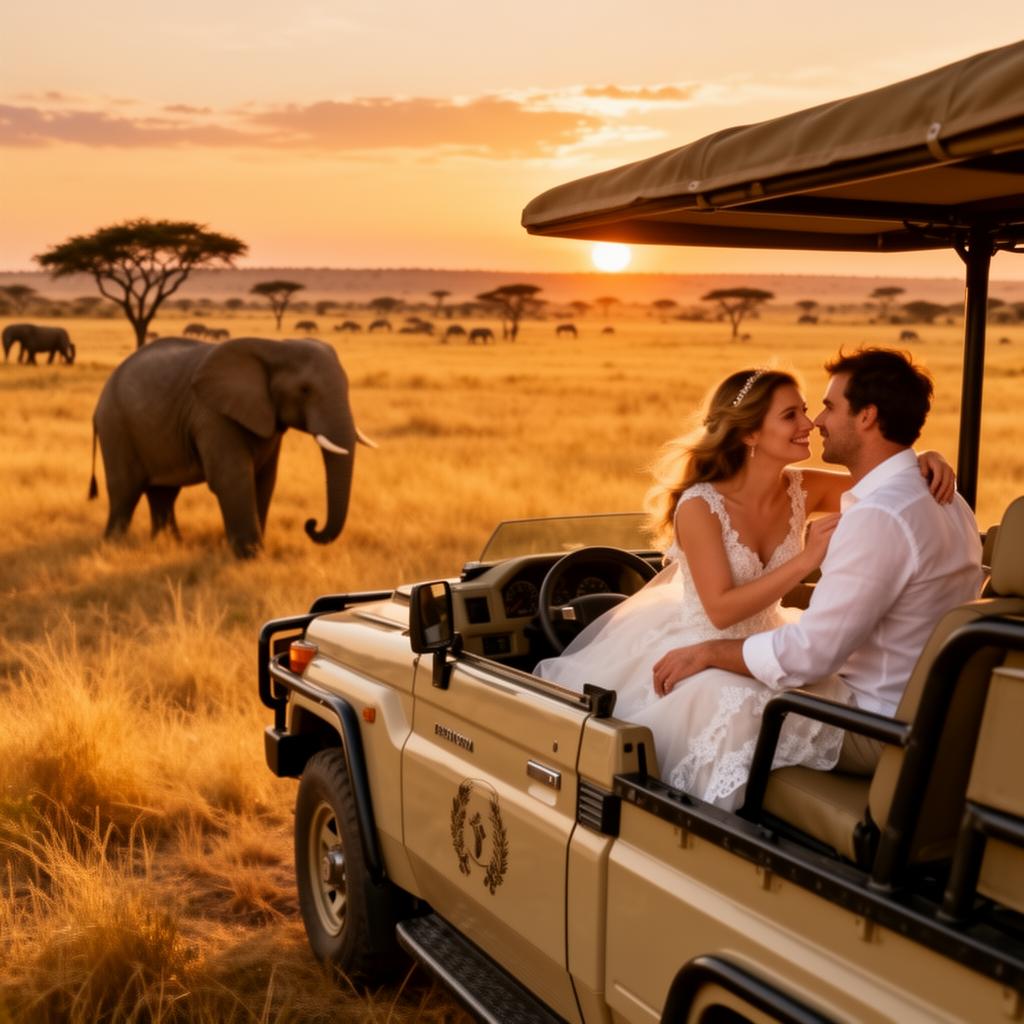 Honeymoon couple on luxury safari game drive watching elephants at sunset in Africa