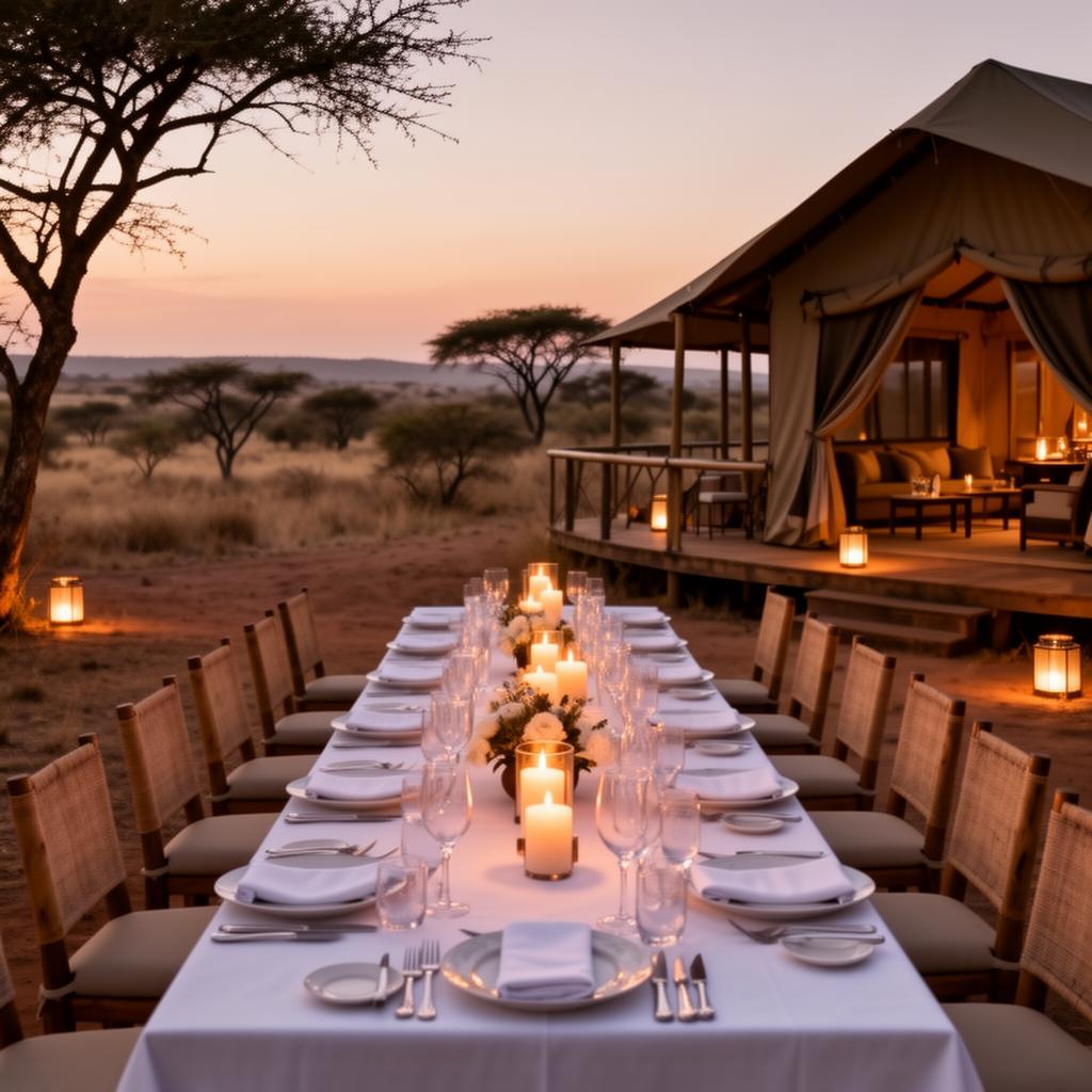 Luxury lodge wedding dinner setup outdoors with candles overlooking African bush at dusk