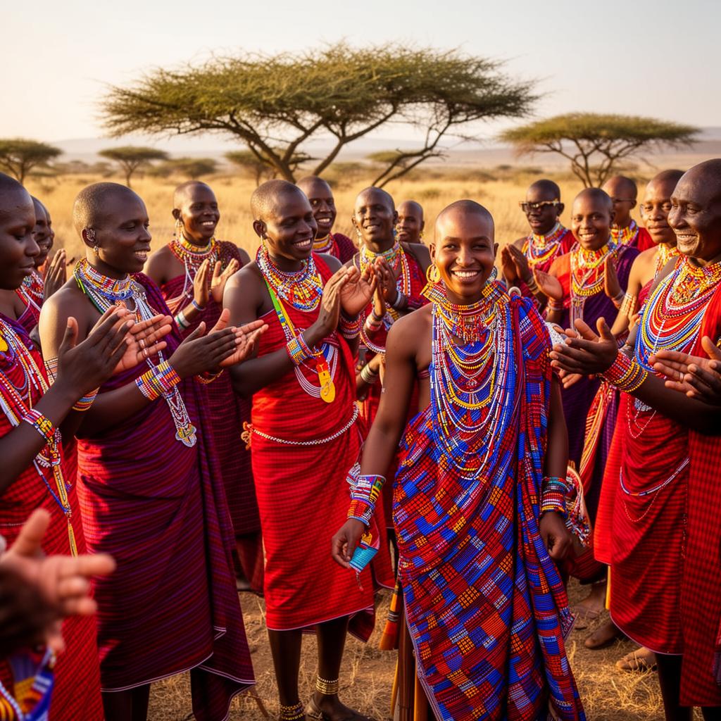 Traditional Maasai wedding ceremony with vibrant red and blue beadwork attire in Kenya