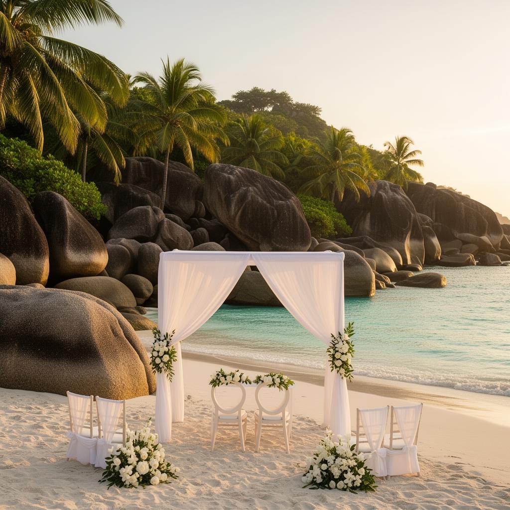 Private island wedding setup in Seychelles with granite boulders and crystal clear water