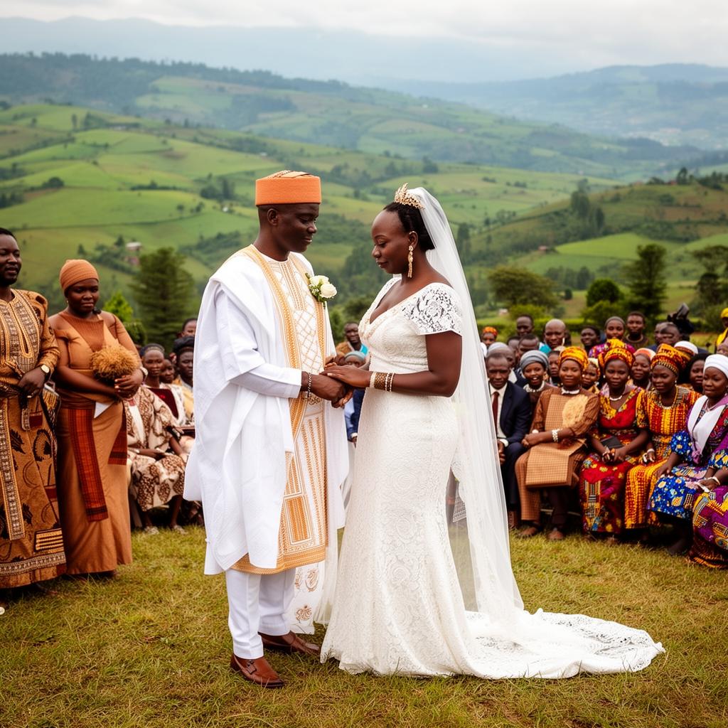 Traditional Rwandan Gusaba wedding ceremony with couple in traditional attire and rolling hills