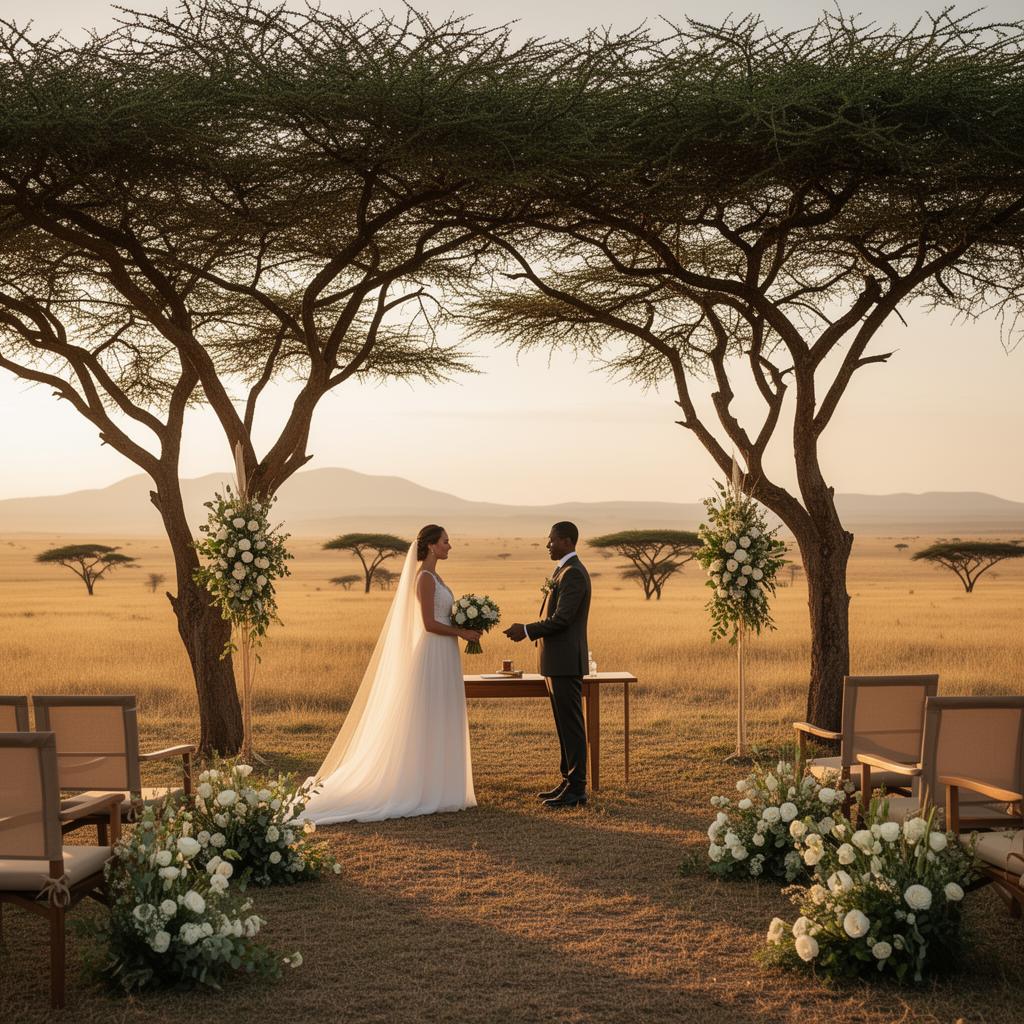 Safari wedding ceremony under acacia trees in Kenya's Maasai Mara at golden hour