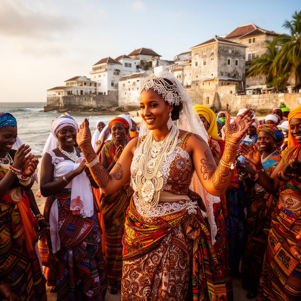 Traditional Swahili wedding celebration in Zanzibar with henna designs and Stone Town backdrop